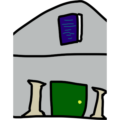 symbol of a grey building with a green door, light yellow pillars, and a sign shaped like a giant dark blue book